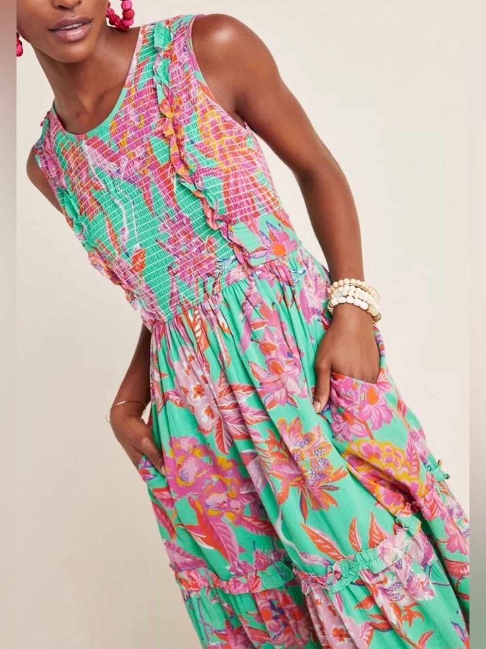 Banjanan Isha Smocked Midi Dress Flamingo Rhododendron Green Medium